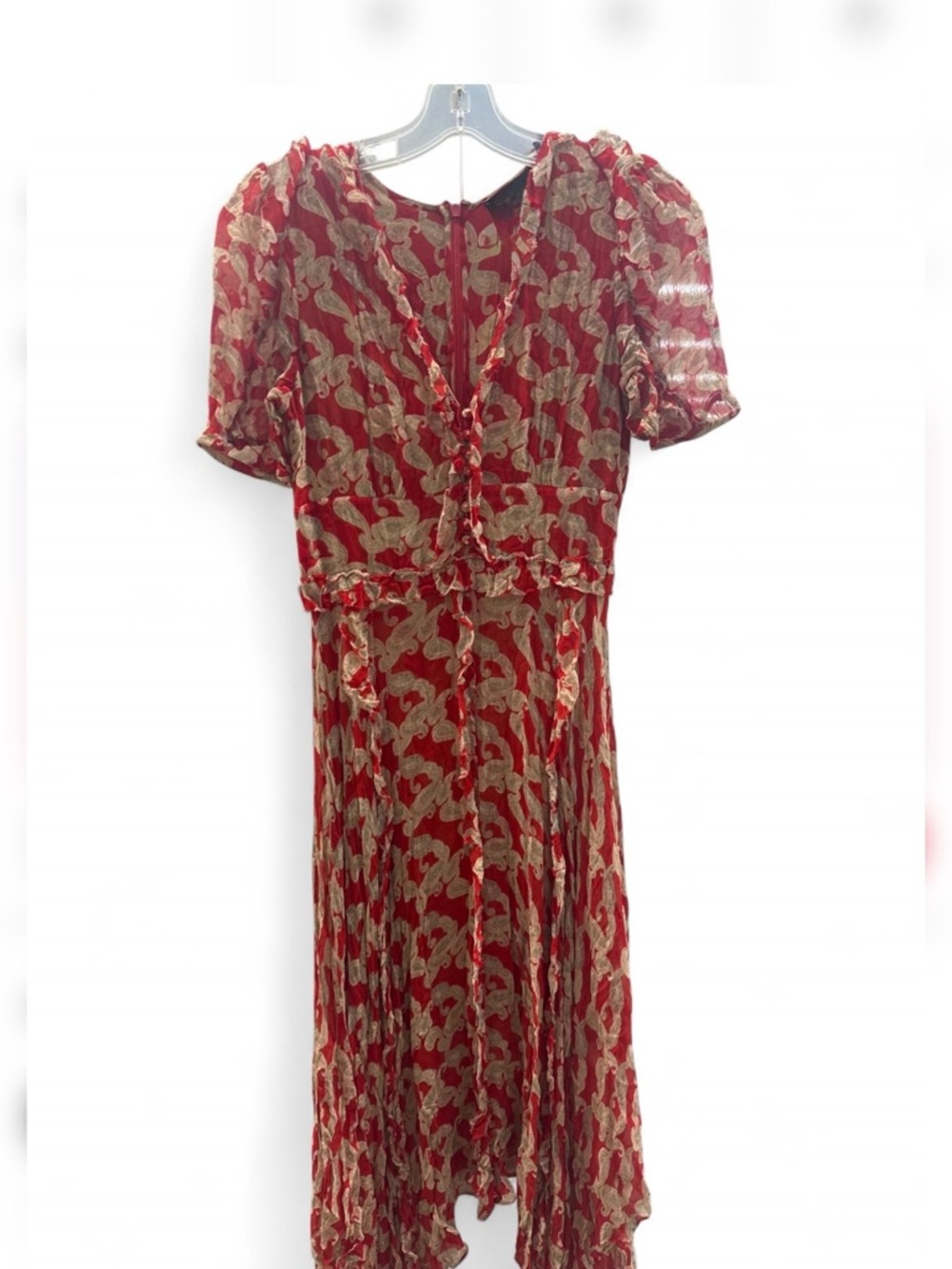 Kooples Red Paisley Volute Asymmetric Midi Dress Size 1 - Picture 8 of 10